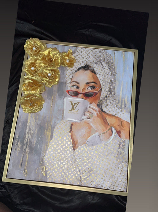 Luxury Fashion Wall Art – Louis Vuitton-Inspired Woman Portrait with Gold Floral Accents