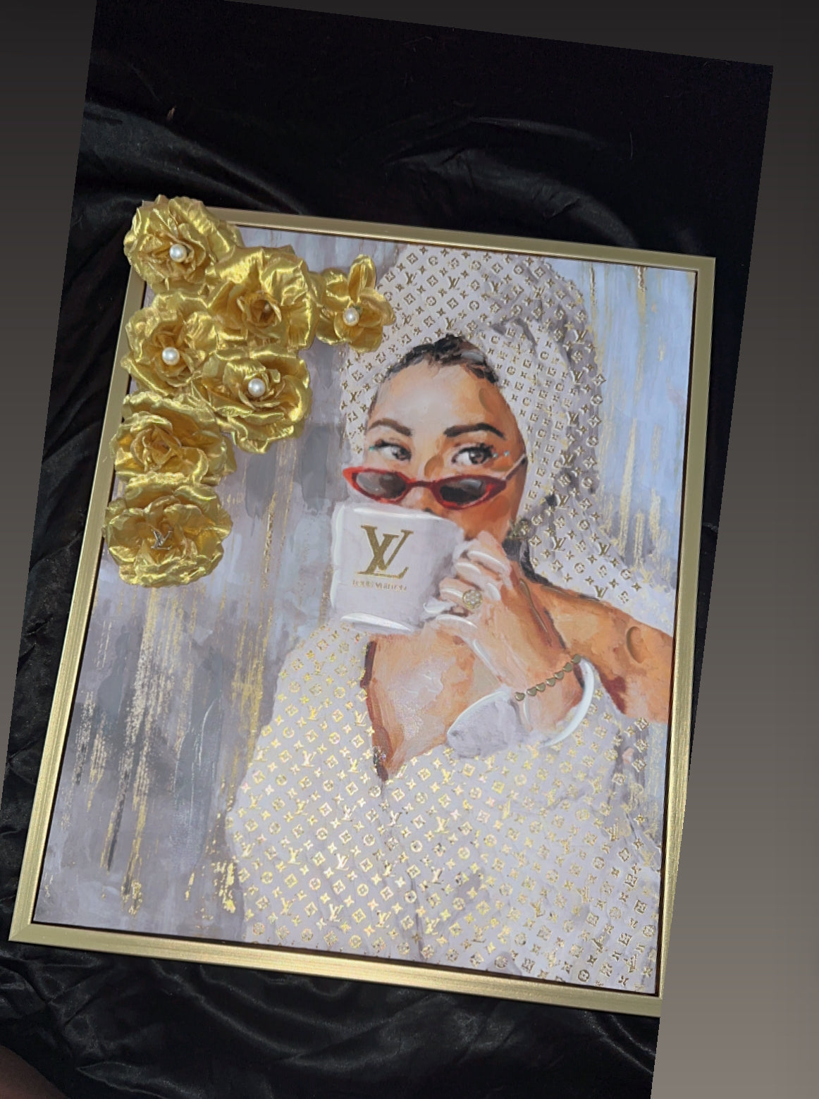 Luxury Fashion Wall Art – Louis Vuitton-Inspired Woman Portrait with Gold Floral Accents