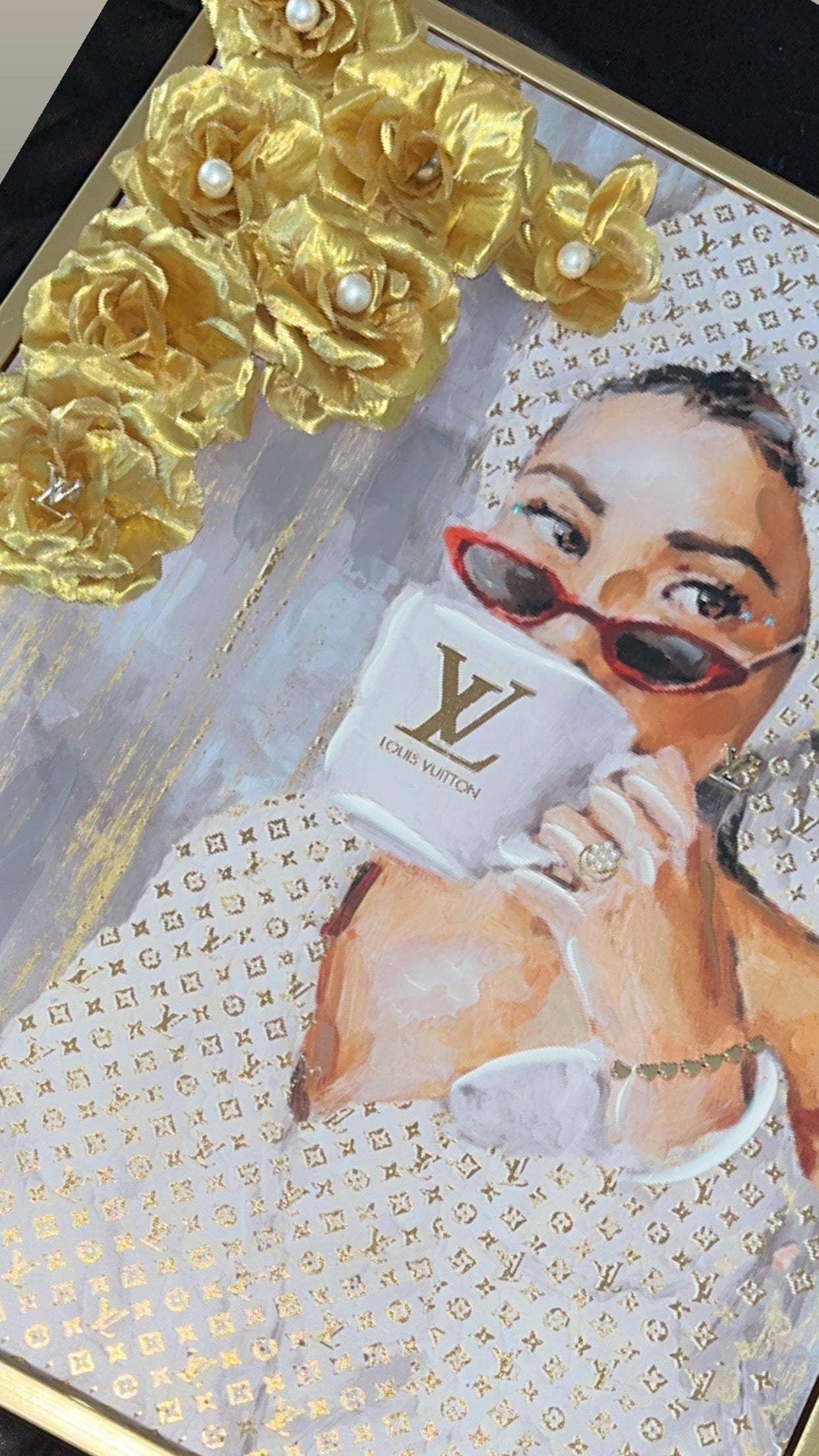 Luxury Fashion Wall Art – Louis Vuitton-Inspired Woman Portrait with Gold Floral Accents