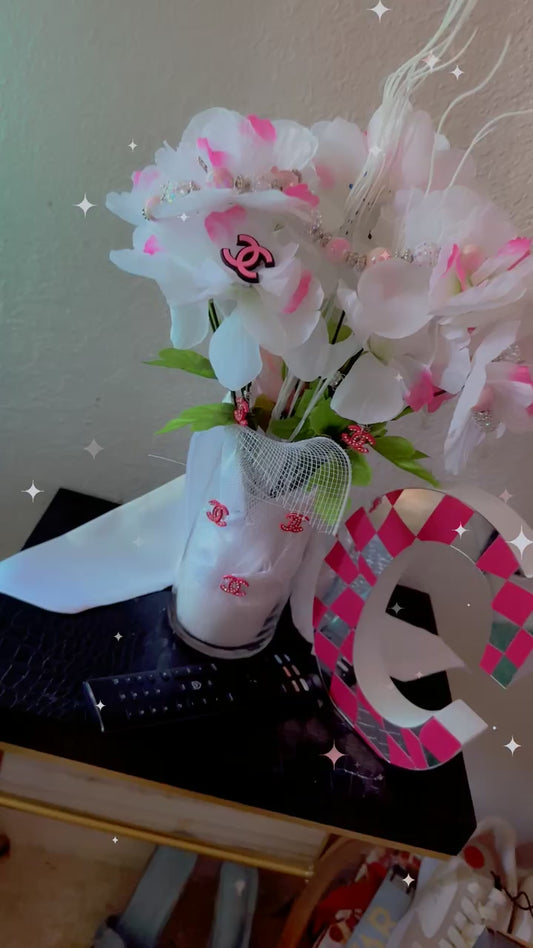 Luxury Chanel-Inspired Floral Arrangement – Elegant White & Pink Flower Vase for Chic Home Décor